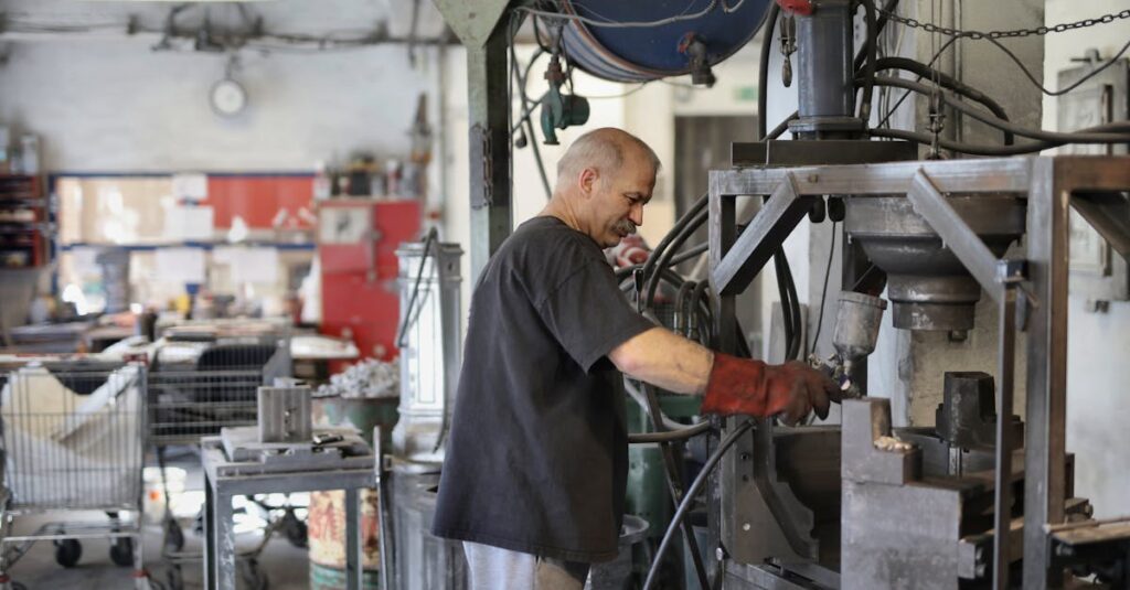 A skilled worker operates heavy machinery in a busy factory environment.