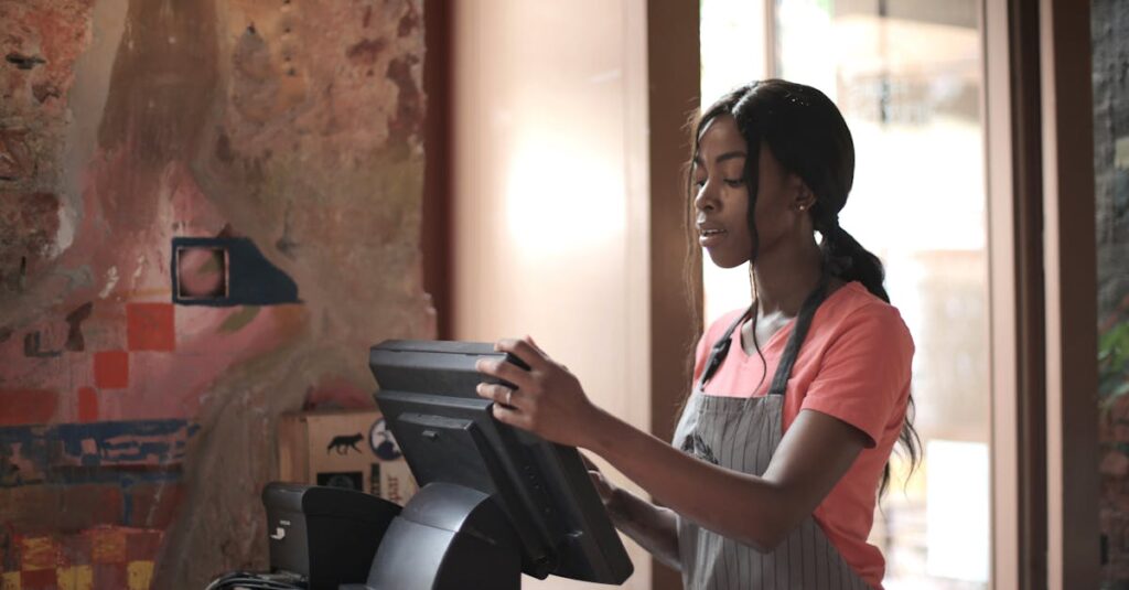 A diligent cashier processes sales in a charming store environment, enhancing customer service.